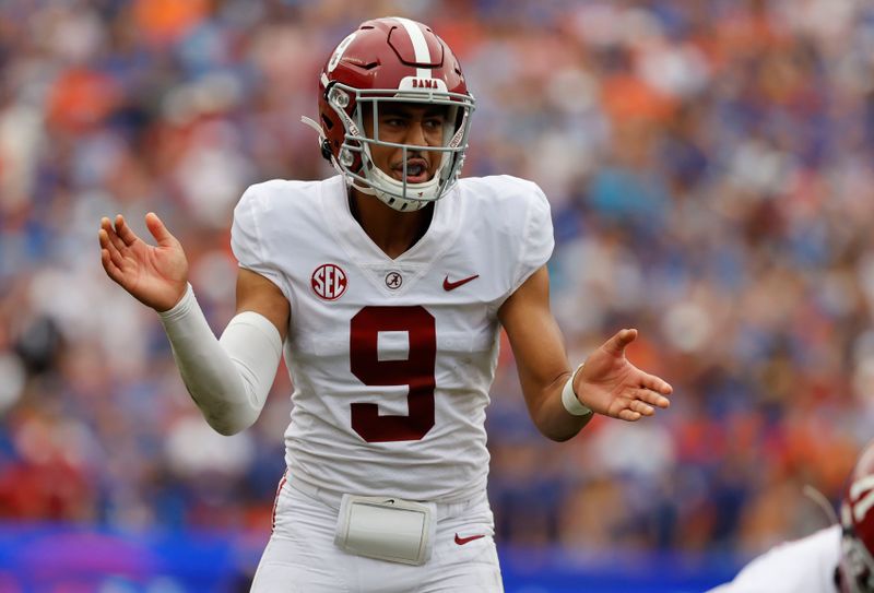 Sep 18, 2021; Gainesville, Florida, USA; Alabama Crimson Tide quarterback Bryce Young (9) during the first half against the Florida Gators at Ben Hill Griffin Stadium. Mandatory Credit: Kim Klement-USA TODAY Sports