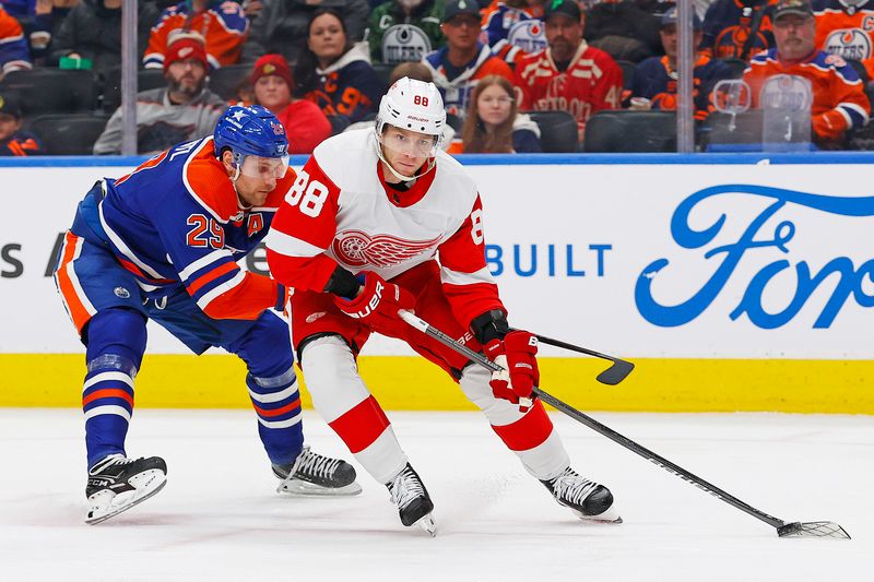 Feb 13, 2024; Edmonton, Alberta, CAN; Detroit Red Wings forward Patrick Kane (88) protects the puck from Edmonton Oilers forward Leon Draisaitl (29) during the second period at Rogers Place. Mandatory Credit: Perry Nelson-USA TODAY Sports