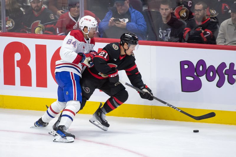 Oct 5, 2024; Ottawa, Ontario, CAN; Montreal Canadiens defenseman Wiilliam Trudeau (84) battles with Ottawa Senators center Nick Cousins (21) for the puck in the third period at the Canadian Tire Centre. Mandatory Credit: Marc DesRosiers-Imagn Images