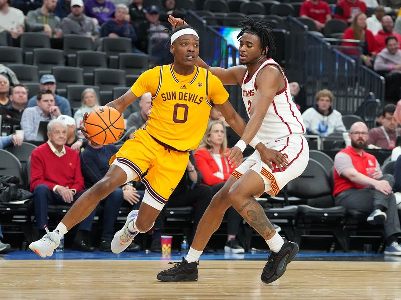 Mar 9, 2023; Las Vegas, NV, USA; Arizona State Sun Devils guard DJ Horne (0) dribbles against USC Trojans guard Reese Dixon-Waters (2) during the first half at T-Mobile Arena. Mandatory Credit: Stephen R. Sylvanie-USA TODAY Sports