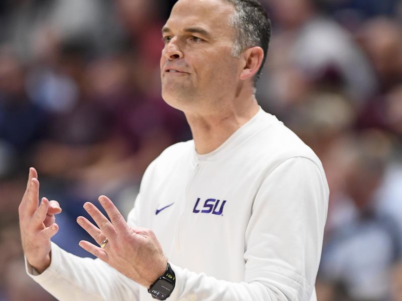 Mar 14, 2024; Nashville, TN, USA;  LSU Tigers head coach Matt McMahon calls out the play against the Mississippi State Bulldogsduring the second half at Bridgestone Arena. Mandatory Credit: Steve Roberts-USA TODAY Sports