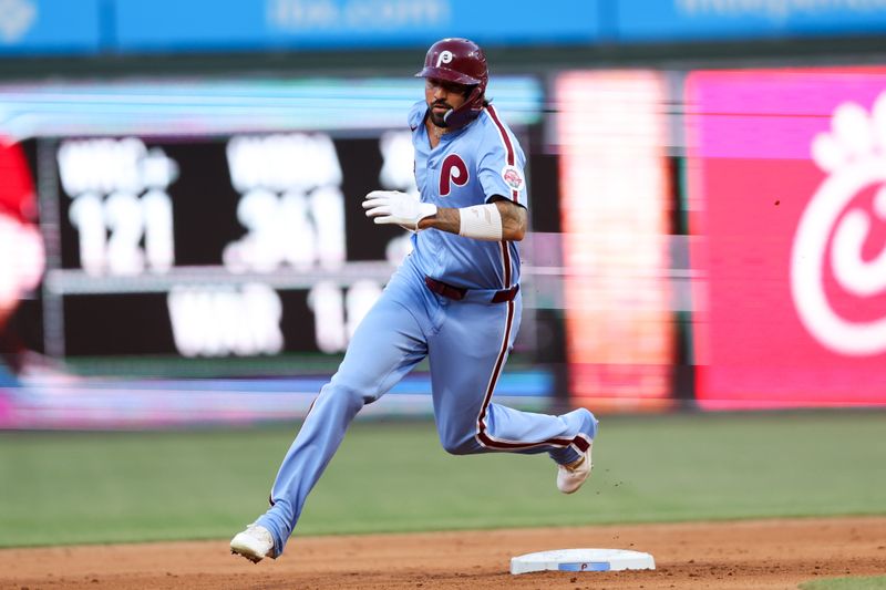 Jul 11, 2024; Philadelphia, Pennsylvania, USA; Philadelphia Phillies outfielder Nick Castellanos (8) runs the bases before scoring against the Los Angeles Dodgers during the sixth inning at Citizens Bank Park. Mandatory Credit: Bill Streicher-USA TODAY Sports