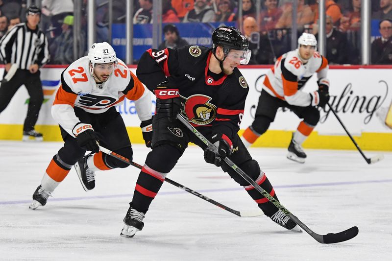 Mar 2, 2024; Philadelphia, Pennsylvania, USA; Ottawa Senators right wing Vladimir Tarasenko (91) carries the puck past Philadelphia Flyers left wing Noah Cates (27) during the second period at Wells Fargo Center. Mandatory Credit: Eric Hartline-USA TODAY Sports