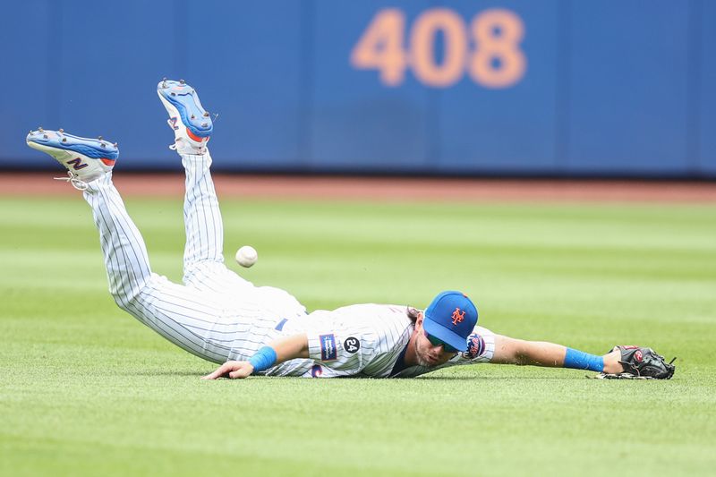 Jun 30, 2024; New York City, New York, USA;  New York Mets second baseman Jeff McNeil (1) makes a diving attempt on a pop up in the first inning against the Houston Astros at Citi Field. Mandatory Credit: Wendell Cruz-USA TODAY Sports