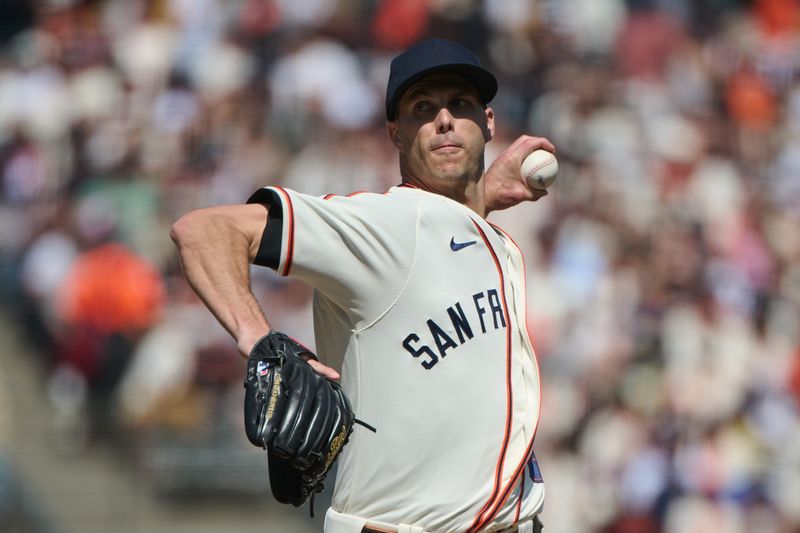 Aug 26, 2023; San Francisco, California, USA; San Francisco Giants pitcher Taylor Rogers (33) throws a pitch against the Atlanta Braves during the seventh inning at Oracle Park. Mandatory Credit: Robert Edwards-USA TODAY Sports