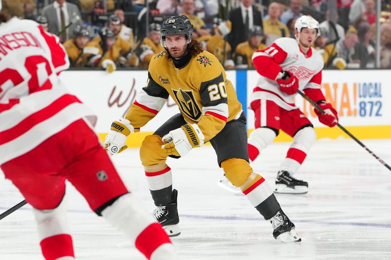 Mar 22, 2025; Las Vegas, Nevada, USA; Vegas Golden Knights left wing Brandon Saad (20) skates against the Detroit Red Wings during the first period at T-Mobile Arena. Mandatory Credit: Stephen R. Sylvanie-Imagn Images