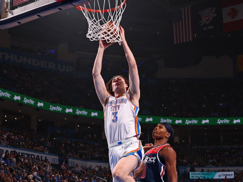 OKLAHOMA CITY, OK - FEBRUARY 23: Josh Giddey #3 of the Oklahoma City Thunder dunks the ball during the game against the Washington Wizards on February 23, 2024 at Paycom Arena in Oklahoma City, Oklahoma. NOTE TO USER: User expressly acknowledges and agrees that, by downloading and or using this photograph, User is consenting to the terms and conditions of the Getty Images License Agreement. Mandatory Copyright Notice: Copyright 2024 NBAE (Photo by Zach Beeker/NBAE via Getty Images)