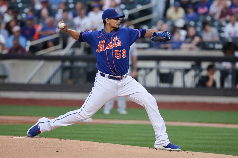 Aug 8, 2023; New York City, New York, USA; New York Mets starting pitcher Carlos Carrasco (59) delivers a pitch during the first inning against the Chicago Cubs at Citi Field. Mandatory Credit: Vincent Carchietta-USA TODAY Sports