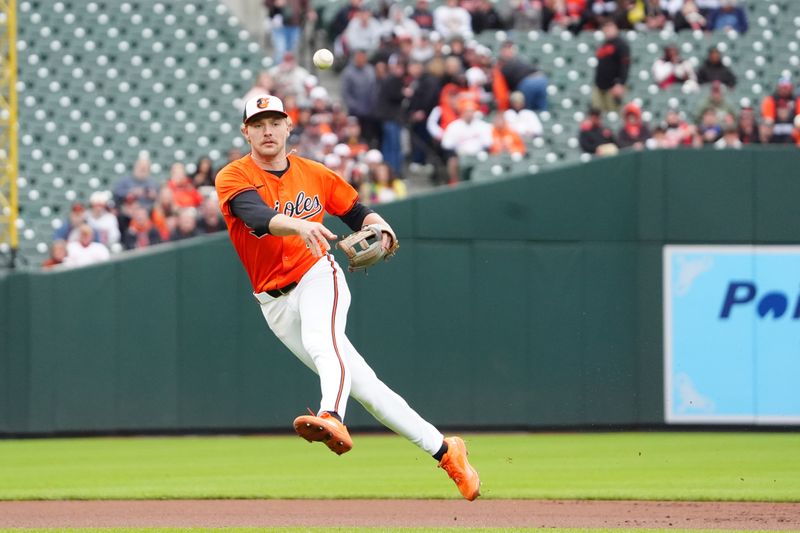 Apr 27, 2024; Baltimore, Maryland, USA; Baltimore Orioles shortstop Gunnar Henderson (2) throws to first base after fielding a ground ball during the first inning at Oriole Park at Camden Yards. Mandatory Credit: Gregory Fisher-USA TODAY Sports