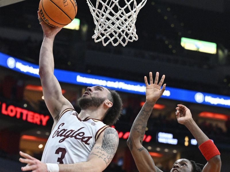 Mar 9, 2024; Louisville, Kentucky, USA; Boston College Eagles guard Jaeden Zackery (3) shoots the ball during the first half at KFC Yum! Center. Boston College defeated Louisville 67-61.Mandatory Credit: Jamie Rhodes-USA TODAY Sports