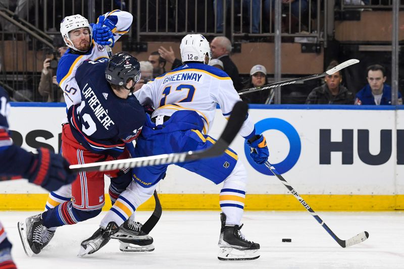 Dec 23, 2023; New York, New York, USA; Buffalo Sabres defenseman Connor Clifton (75) and Buffalo Sabres left wing Jordan Greenway (12) battle with New York Rangers left wing Alexis Lafreniere (13) during the third period at Madison Square Garden. Mandatory Credit: Dennis Schneidler-USA TODAY Sports