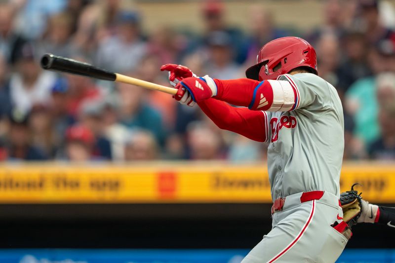 Jul 22, 2024; Minneapolis, Minnesota, USA; Philadelphia Phillies shortstop Trea Turner (7) hits a single against the Minnesota Twins in the first inning at Target Field. Mandatory Credit: Jesse Johnson-USA TODAY Sports