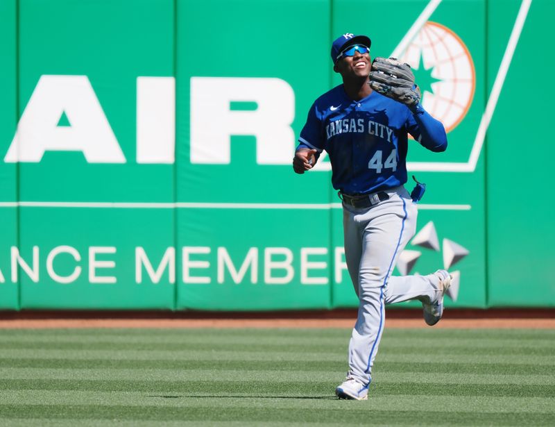 Aug 23, 2023; Oakland, California, USA; Kansas City Royals right fielder Dairon Blanco (44) smiles after the end of the game against the Kansas City Royals at Oakland-Alameda County Coliseum. Mandatory Credit: Kelley L Cox-USA TODAY Sports