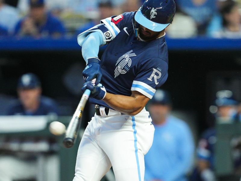 Jun 7, 2024; Kansas City, Missouri, USA; Kansas City Royals left fielder MJ Melendez (1) hits a home run during the fourth inning against the Seattle Mariners at Kauffman Stadium. Mandatory Credit: Jay Biggerstaff-USA TODAY Sports