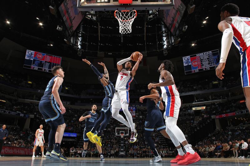 MEMPHIS, TN - APRIL 5: Troy Brown Jr. #7 of the Detroit Pistons drives to the basket during the game against the Memphis Grizzlies on April 5, 2024 at FedExForum in Memphis, Tennessee. NOTE TO USER: User expressly acknowledges and agrees that, by downloading and or using this photograph, User is consenting to the terms and conditions of the Getty Images License Agreement. Mandatory Copyright Notice: Copyright 2024 NBAE (Photo by Joe Murphy/NBAE via Getty Images)