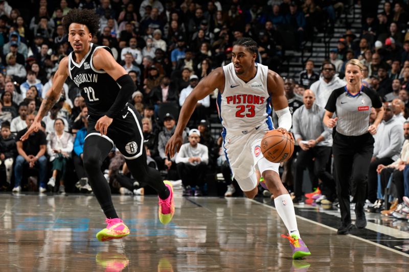 BROOKLYN, NY - NOVEMBER 3: Jaden Ivey #23 of the Detroit Pistons drives to the basket during the game against the Brooklyn Nets on November 3, 2024 at Barclays Center in Brooklyn, New York. NOTE TO USER: User expressly acknowledges and agrees that, by downloading and or using this Photograph, user is consenting to the terms and conditions of the Getty Images License Agreement. Mandatory Copyright Notice: Copyright 2024 NBAE (Photo by David Dow/NBAE via Getty Images)