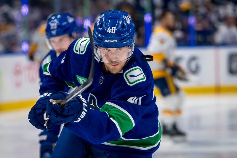 Apr 23, 2024; Vancouver, British Columbia, CAN;  Vancouver Canucks forward Elias Pettersson (40) shoots in warm up prior to game two of the first round of the 2024 Stanley Cup Playoffs against the Nashville Predators at Rogers Arena. Mandatory Credit: Bob Frid-USA TODAY Sports