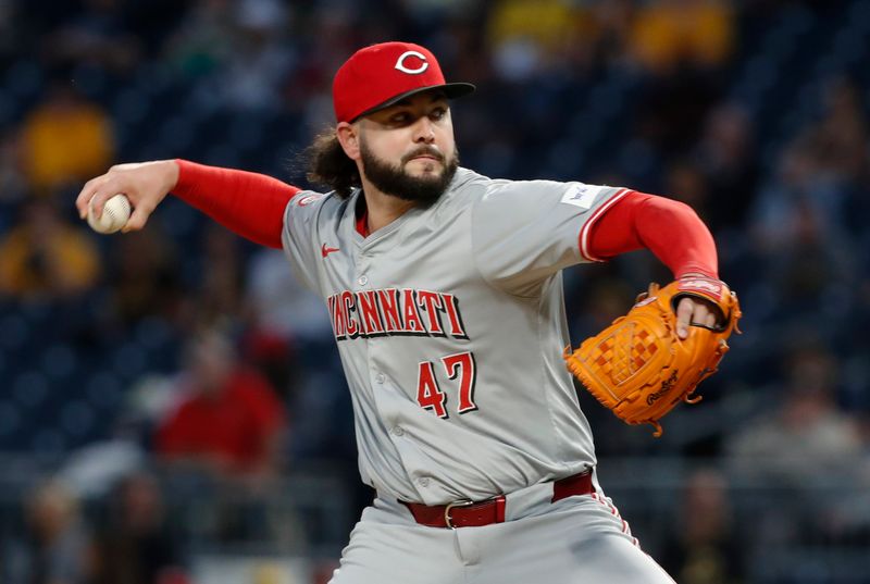 Aug 22, 2024; Pittsburgh, Pennsylvania, USA;  Cincinnati Reds relief pitcher Jakob Junis (47) pitches against the Pittsburgh Pirates during the fifth inning at PNC Park. Mandatory Credit: Charles LeClaire-USA TODAY Sports