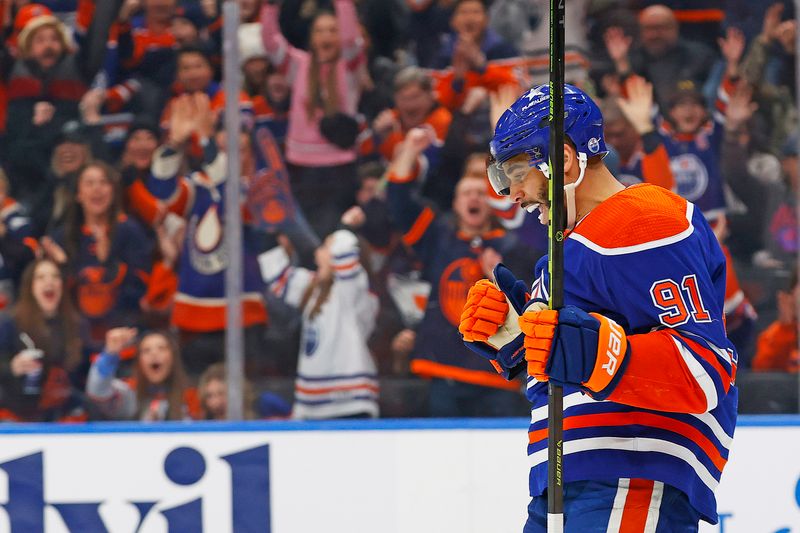 Jan 23, 2024; Edmonton, Alberta, CAN; Edmonton Oilers forward Evander Kane (91) celebrates after scoring a goal during the third period  against the Columbus Blue Jackets at Rogers Place. Mandatory Credit: Perry Nelson-USA TODAY Sports