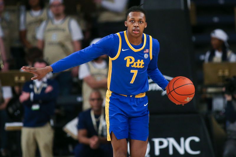 Jan 23, 2024; Atlanta, Georgia, USA; Pittsburgh Panthers guard Carlton Carrington (7) dribbles against the Georgia Tech Yellow Jackets in the first half at McCamish Pavilion. Mandatory Credit: Brett Davis-USA TODAY Sports
