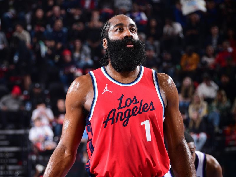 INGLEWOOD, CA - NOVEMBER 22: James Harden #1 of the LA Clippers shoots a free throw during the game against the Sacramento Kings on November 22, 2024 at Intuit Dome in Los Angeles, California. NOTE TO USER: User expressly acknowledges and agrees that, by downloading and/or using this Photograph, user is consenting to the terms and conditions of the Getty Images License Agreement. Mandatory Copyright Notice: Copyright 2024 NBAE (Photo by Adam Pantozzi/NBAE via Getty Images)