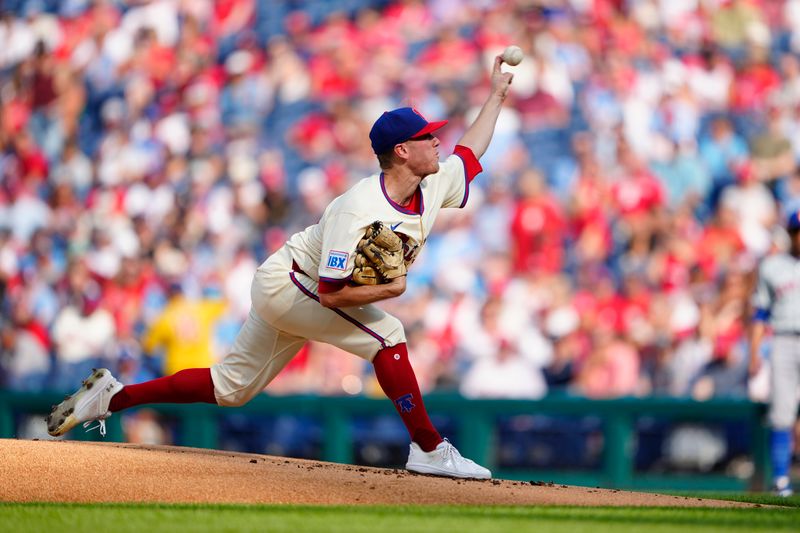 Sep 14, 2024; Philadelphia, Pennsylvania, USA; Philadelphia Phillies pitcher Kolby Allard (49) delivers a pitch against against the New York Mets during the first inning at Citizens Bank Park. Mandatory Credit: Gregory Fisher-Imagn Images