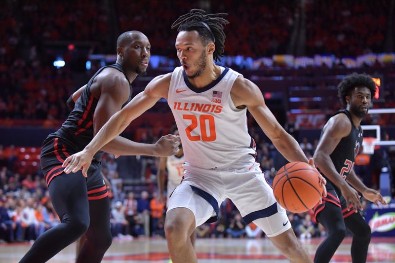 Jan 21, 2024; Champaign, Illinois, USA; Illinois Fighting Illini forward Ty Rodgers (20) drives the ball around Rutgers Scarlet Knights forward Aundre Hyatt (5) during the first half at State Farm Center. Mandatory Credit: Ron Johnson-USA TODAY Sports