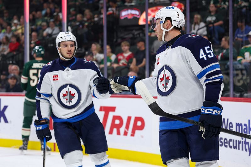 Sep 30, 2025; Saint Paul, Minnesota, USA; Winnipeg Jets forward Cole Koepke (45) celebrates a goal against the Minnesota Wild during the first period at Grand Casino Arena. Mandatory Credit: Matt Krohn-Imagn Images