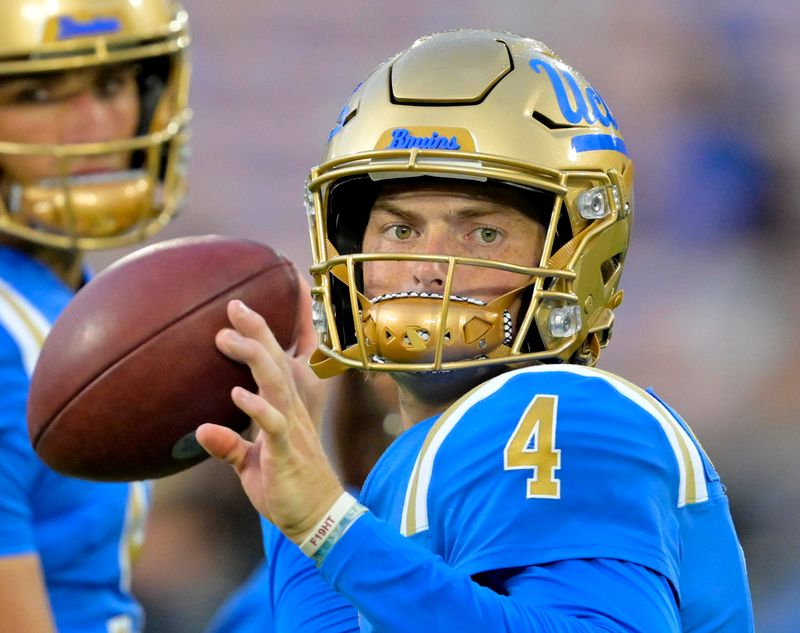 Sep 2, 2023; Pasadena, California, USA;  UCLA Bruins quarterback Ethan Garbers (4) warms up prior to the game against the Coastal Carolina Chanticleers at Rose Bowl. Mandatory Credit: Jayne Kamin-Oncea-USA TODAY Sports