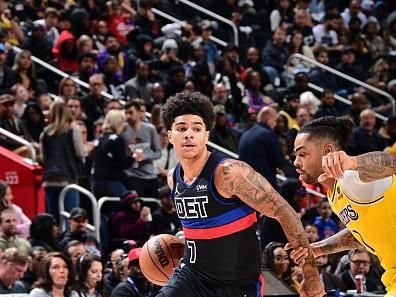 DETROIT, MI - NOVEMBER 29: Killian Hayes #7 of the Detroit Pistons drives to the basket during the game against the Los Angeles Lakers on November 29, 2023 at Little Caesars Arena in Detroit, Michigan. NOTE TO USER: User expressly acknowledges and agrees that, by downloading and/or using this photograph, User is consenting to the terms and conditions of the Getty Images License Agreement. Mandatory Copyright Notice: Copyright 2023 NBAE (Photo by Chris Schwegler/NBAE via Getty Images)