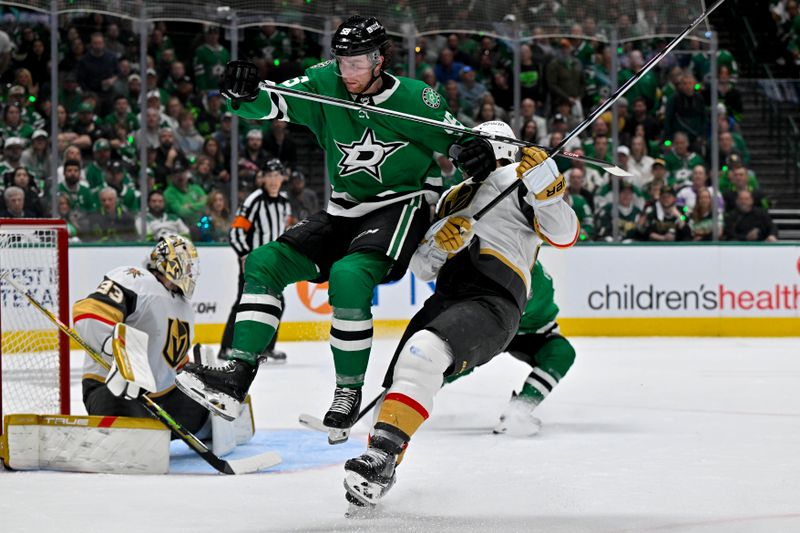 May 5, 2024; Dallas, Texas, USA; Dallas Stars defenseman Thomas Harley (55) leaps out of the way of the puck in the Vegas Golden Knights zone during the second period in game seven of the first round of the 2024 Stanley Cup Playoffs at American Airlines Center. Mandatory Credit: Jerome Miron-USA TODAY Sports