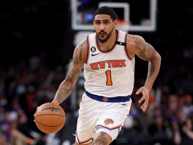 NEW YORK, NEW YORK - APRIL 09:  Obi Toppin #1 of the New York Knicks drives against the Indiana Pacers at Madison Square Garden on April 09, 2023 in New York City. NOTE TO USER: User expressly acknowledges and agrees that, by downloading and or using this photograph, User is consenting to the terms and conditions of the Getty Images License Agreement. (Photo by Elsa/Getty Images)