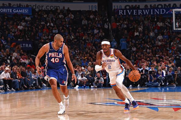 OKLAHOMA CITY, OK - NOVEMBER 25:  Shai Gilgeous-Alexander #2 of the Oklahoma City Thunder drives to the basket during the game against the Philadelphia 76ers on November 25, 2023 at Paycom Arena in Oklahoma City, Oklahoma. NOTE TO USER: User expressly acknowledges and agrees that, by downloading and or using this photograph, User is consenting to the terms and conditions of the Getty Images License Agreement. Mandatory Copyright Notice: Copyright 2023 NBAE (Photo by Zach Beeker/NBAE via Getty Images)