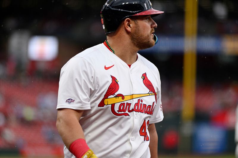 Apr 7, 2024; St. Louis, Missouri, USA; St. Louis Cardinals catcher Pedro Pagés (43) looks on after an at bat against the Miami Marlins during the eighth inning at Busch Stadium. Mandatory Credit: Jeff Le-USA TODAY Sports