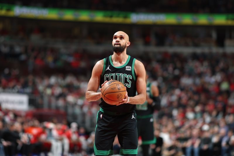 CHICAGO, IL - FEBRUARY 22: Derrick White #9 of the Boston Celtics prepares to shoot a free throw during the game against the Chicago Bulls on February 22, 2024 at United Center in Chicago, Illinois. NOTE TO USER: User expressly acknowledges and agrees that, by downloading and or using this photograph, User is consenting to the terms and conditions of the Getty Images License Agreement. Mandatory Copyright Notice: Copyright 2024 NBAE (Photo by Jeff Haynes/NBAE via Getty Images)