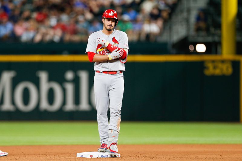 Jun 7, 2023; Arlington, Texas, USA; St. Louis Cardinals third baseman Nolan Arenado (28) hits a double during the fifth inning against the Texas Rangers at Globe Life Field. Mandatory Credit: Andrew Dieb-USA TODAY Sports