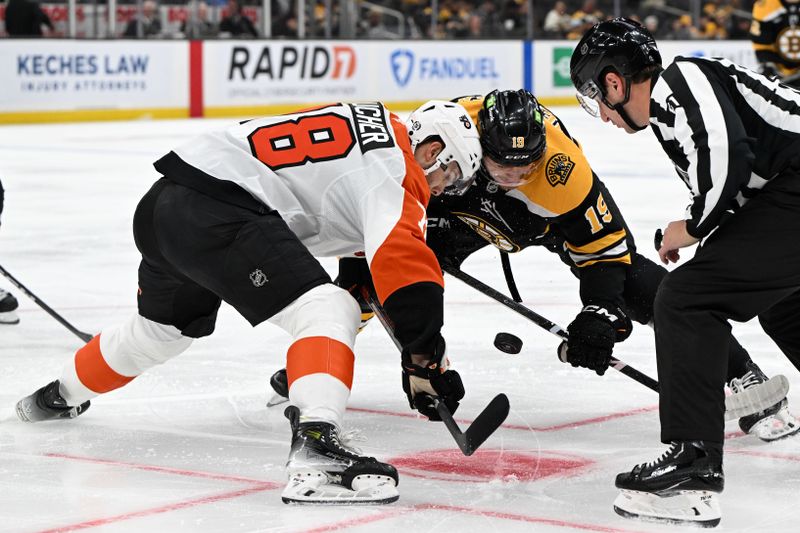 Oct 1, 2024; Boston, Massachusetts, USA; Philadelphia Flyers forward Jacob Gaucher (78) and Boston Bruins center John Beecher (19) take a face-off during the first period at the TD Garden. Mandatory Credit: Brian Fluharty-Imagn Images