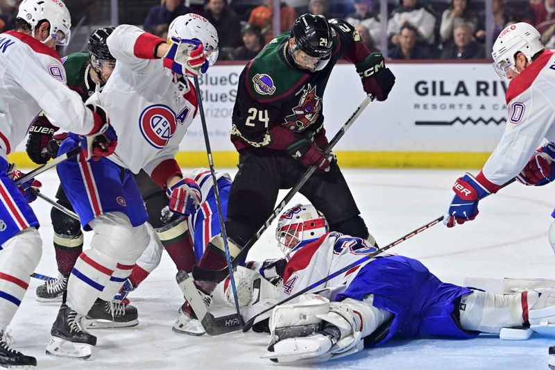 Nov 2, 2023; Tempe, Arizona, USA;  Arizona Coyotes defenseman Matt Dumba (24) digs for the puck as Montreal Canadiens goaltender Jake Allen (34), defenseman Mike Matheson (8) and center Sean Monahan (91) defend in the second period at Mullett Arena. Mandatory Credit: Matt Kartozian-USA TODAY Sports