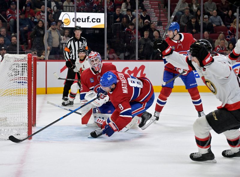 Nov 1, 2025; Montreal, Quebec, CAN; Ottawa Senators forward Michael Amadio (22) scores a goal against Montreal Canadiens goalie Sam Montembeault (35) during the second period at the Bell Centre. Mandatory Credit: Eric Bolte-Imagn Images