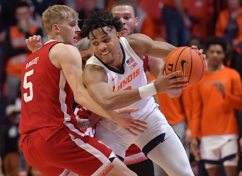 Jan 31, 2023; Champaign, Illinois, USA; Nebraska Cornhuskers guard Sam Griesel (5) pressures Illinois Fighting Illini guard Terrence Shannon Jr. (0) during the second half at State Farm Center. Mandatory Credit: Ron Johnson-USA TODAY Sports