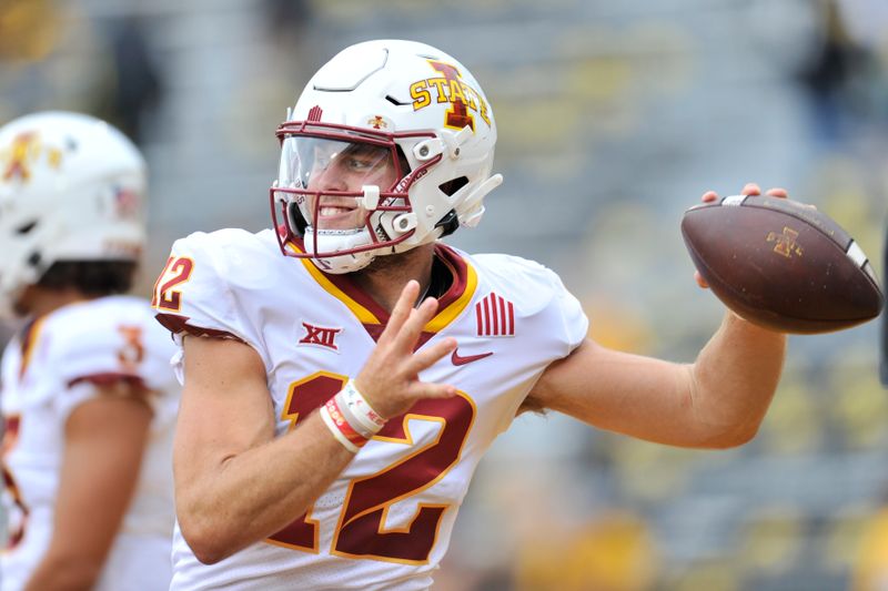 Sep 10, 2022; Iowa City, Iowa, USA; Iowa State Cyclones quarterback Hunter Dekkers (12) warms up before the game against the Iowa Hawkeyes at Kinnick Stadium. Mandatory Credit: Jeffrey Becker-USA TODAY Sports