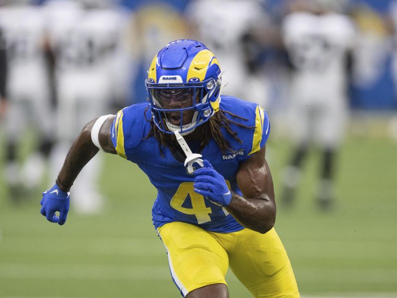 Los Angeles Rams cornerback Cameron McCutcheon (41) runs before an NFL preseason football game against the Las Vegas Raiders, Saturday, Aug. 19, 2023, in Inglewood, Calif. (AP Photo/Kyusung Gong)