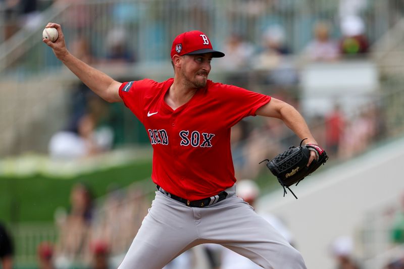 Mar 6, 2024; Fort Myers, Florida, USA;  Boston Red Sox relief pitcher Cooper Criswell (64) throws a pitch against the Minnesota Twins in the first inning at Hammond Stadium. Mandatory Credit: Nathan Ray Seebeck-USA TODAY Sports