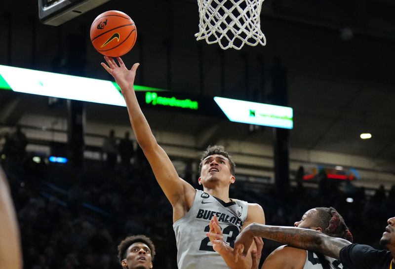 Feb 8, 2024; Boulder, Colorado, USA;  Colorado Buffaloes forward Tristan da Silva (23) shoots the ball in the second half against the Arizona State Sun Devils at the CU Events Center. Mandatory Credit: Ron Chenoy-USA TODAY Sports