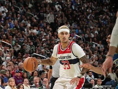 MILWAUKEE, WI - NOVEMBER 24: Kyle Kuzma #33 of the Washington Wizards drives to the basket during the game against the Milwaukee Bucks during the In-Season Tournament on November 24, 2023 at the Fiserv Forum Center in Milwaukee, Wisconsin. NOTE TO USER: User expressly acknowledges and agrees that, by downloading and or using this Photograph, user is consenting to the terms and conditions of the Getty Images License Agreement. Mandatory Copyright Notice: Copyright 2023 NBAE (Photo by Gary Dineen/NBAE via Getty Images).