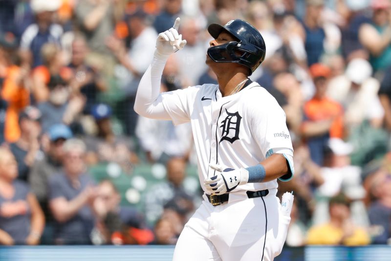 Apr 23, 2025; Detroit, Michigan, USA;  Detroit Tigers designated hitter Justyn-Henry Malloy (44)  celebrates after he hits a home run in the fifth inning against the San Diego Padres at Comerica Park. Mandatory Credit: Rick Osentoski-Imagn Images