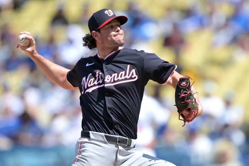 Apr 17, 2024; Los Angeles, California, USA; Washington Nationals pitcher Kyle Finnegan (67) earns a save in the ninth inning against the Los Angeles Dodgers at Dodger Stadium. Mandatory Credit: Jayne Kamin-Oncea-USA TODAY Sports