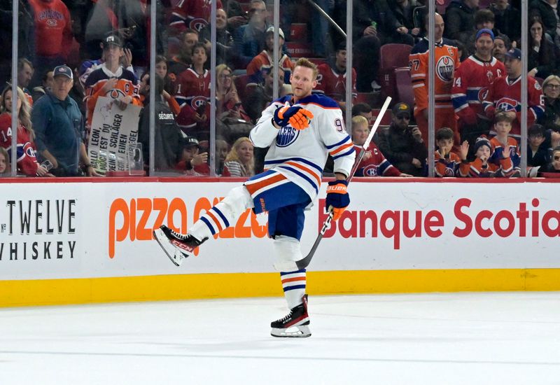 Nov 18, 2024; Montreal, Quebec, CAN; Edmonton Oilers forward Corey Perry (90) skates during the warmup period before the game against the Edmonton Oilers at the Bell Centre. Mandatory Credit: Eric Bolte-Imagn Images