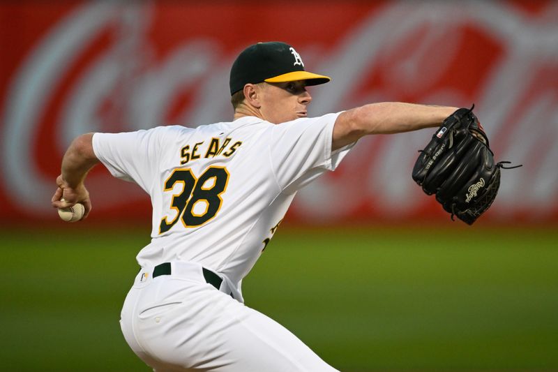 Sep 4, 2024; Oakland, California, USA; Oakland Athletics starting pitcher JP Sears (38) throws against the Seattle Mariners in the third inning at Oakland-Alameda County Coliseum. Mandatory Credit: Eakin Howard-Imagn Images