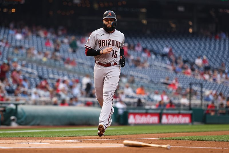 Jun 7, 2023; Washington, District of Columbia, USA; Arizona Diamondbacks third baseman Emmanuel Rivera (15) scores a run against the Washington Nationals during the first inning at Nationals Park. Mandatory Credit: Scott Taetsch-USA TODAY Sports